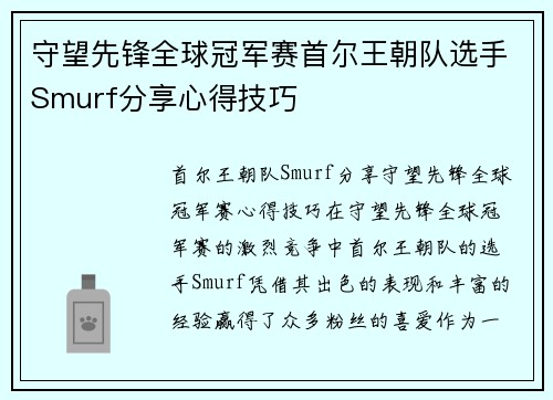 守望先锋全球冠军赛首尔王朝队选手Smurf分享心得技巧